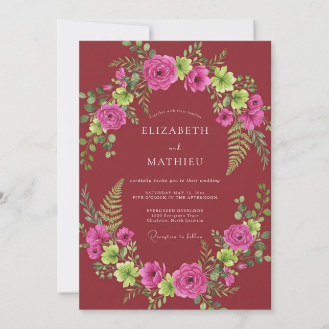 Invitation Mariage aux fougères bordeaux fuchsia (Devant)