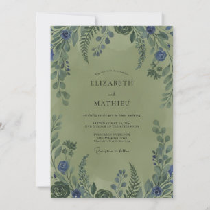 Invitation Mariage aux fougères cobalt olive
