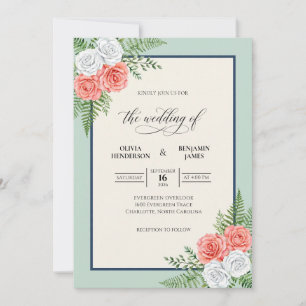 Invitation Mariage aux fougères corail menthe