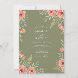 Invitation Mariage aux fougères corail olive