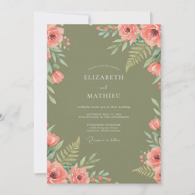 Invitation Mariage aux fougères corail olive (Devant)
