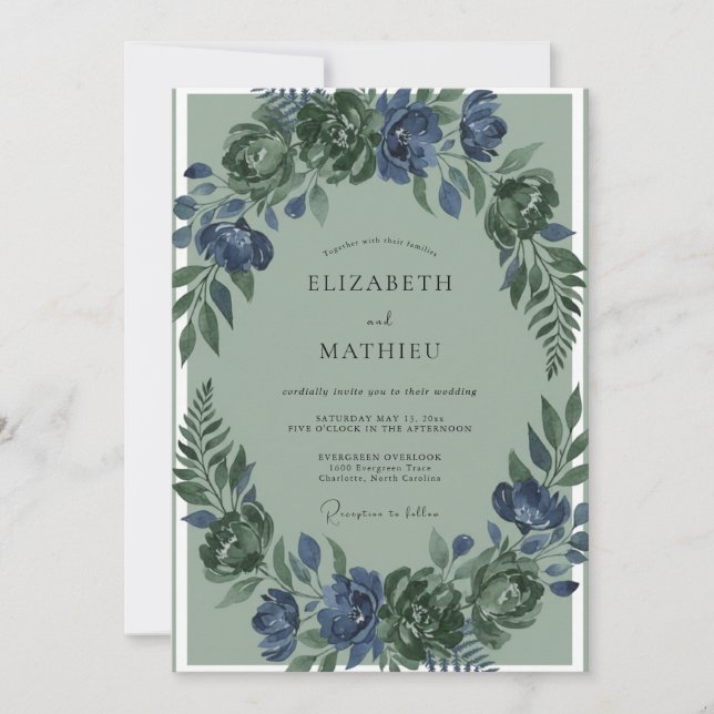 Invitation Mariage aux fougères de mousse indigo (Devant)