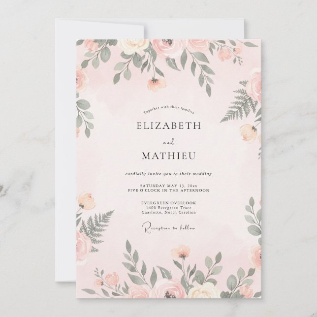 Invitation Mariage aux Fougères de Pêche et de Sauge (Devant)