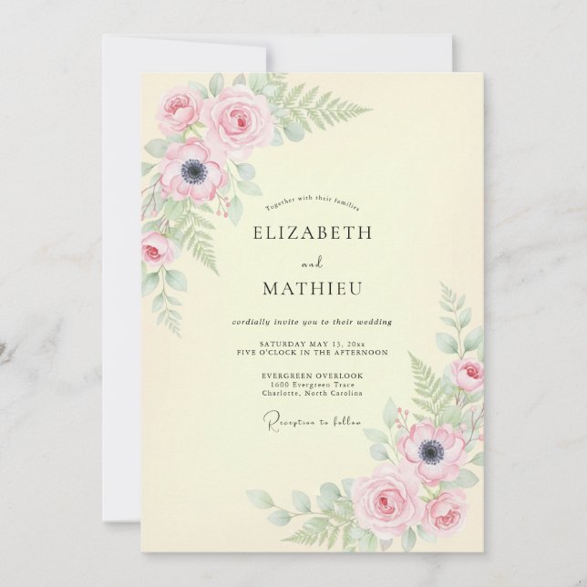Invitation Mariage aux fougères jaune crémeux (Devant)
