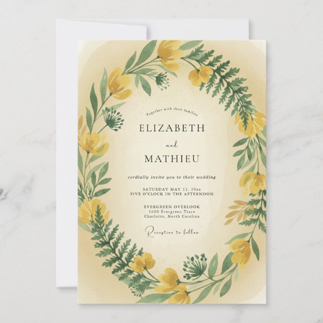 Invitation Mariage aux fougères jaune moutarde (Devant)