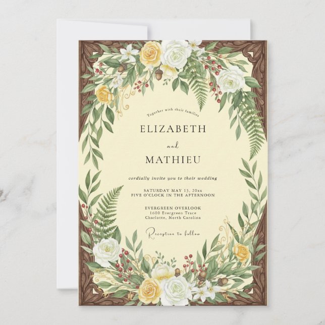 Invitation Mariage aux fougères jaune pâle (Devant)