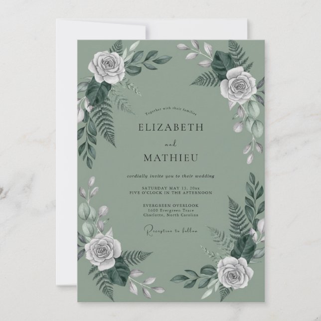 Invitation Mariage aux fougères olive assourdies (Devant)