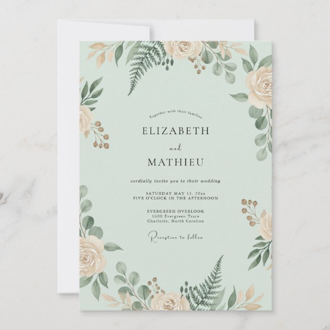 Invitation Mariage aux fougères pêche écume de mer (Devant)
