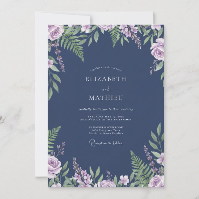 Invitation Mariage aux Fougères Violet Ardoise (Devant)