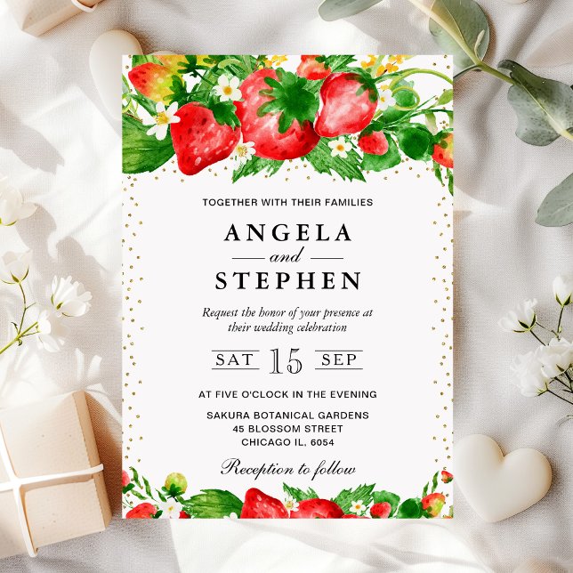 Invitation Mariage aux fraises et fleurs à l'aquarelle (Créateur téléchargé)
