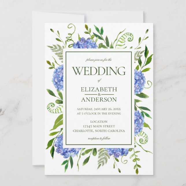 Invitation Mariage aux Hortensias Bleus (Devant)