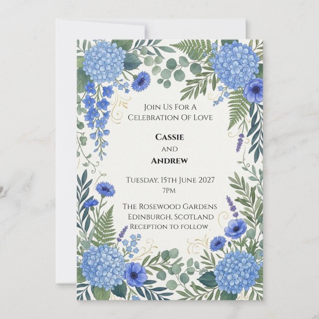 Invitation Mariage aux Hortensias Bleus (Devant)