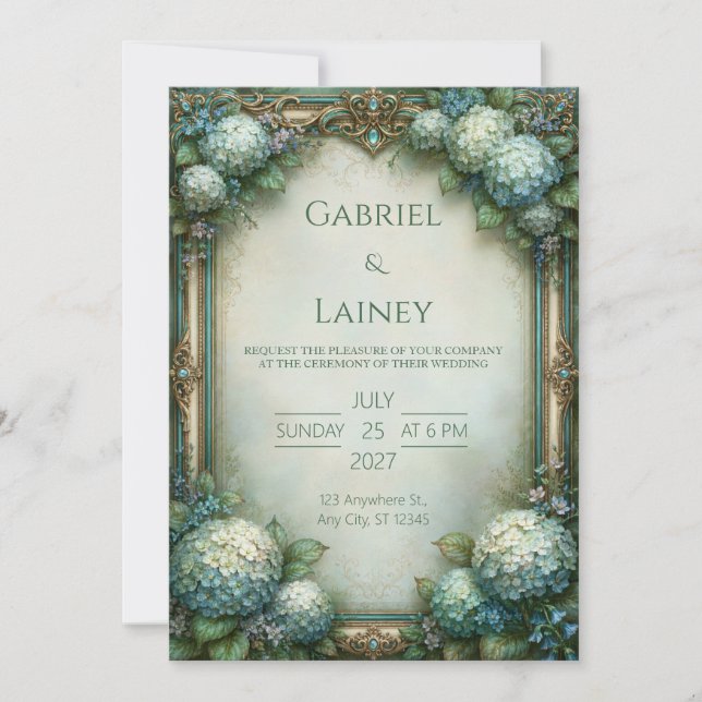 Invitation Mariage aux Hortensias Bleus Tendres (Devant)