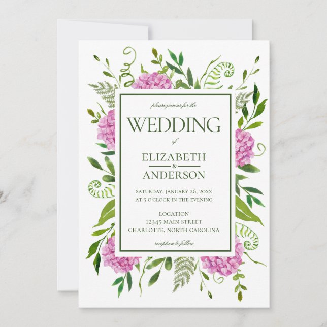 Invitation Mariage aux Hortensias Roses (Devant)