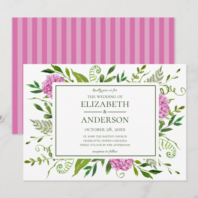 Invitation Mariage aux Hortensias Roses (Devant / Derrière)