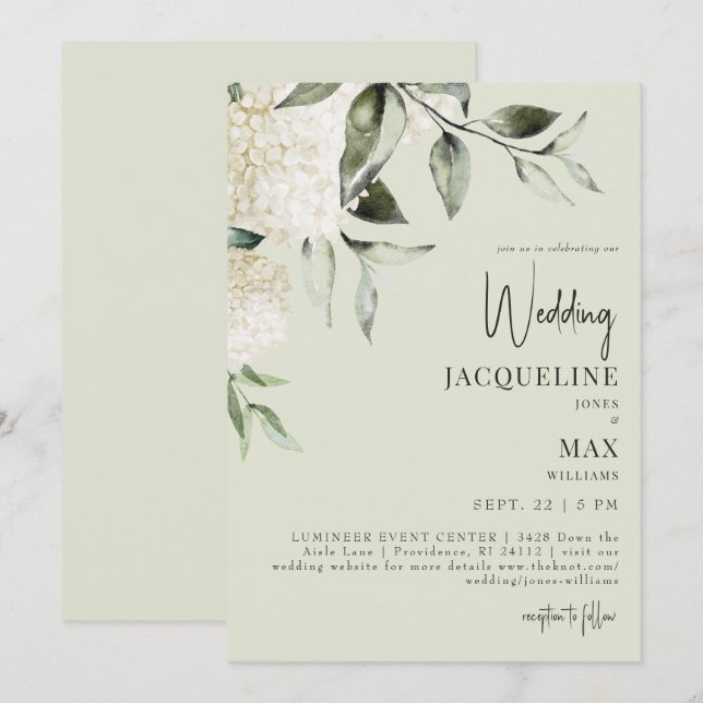 Invitation Mariage aux Hydrangeas Blancs et Sauge Clair (Devant / Derrière)