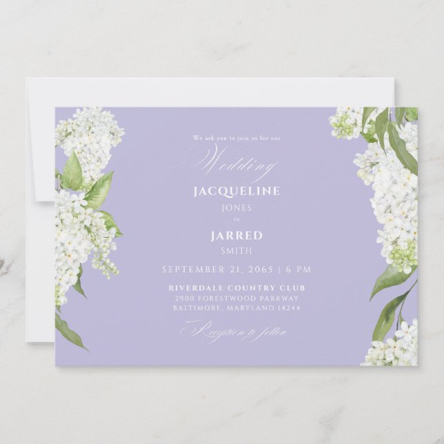 Invitation Mariage aux Hydrangeas Blancs Lavande  (Devant)