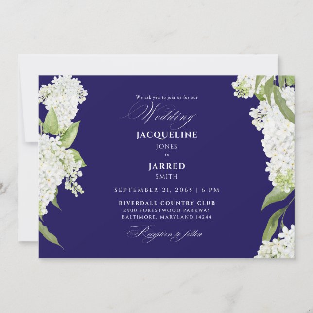 Invitation Mariage aux Hydrangeas Bleu Marine & Blanc  (Devant)