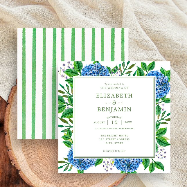Invitation Mariage aux Hydrangeas Bleus et Rayures Vertes Mod (Front / Back)