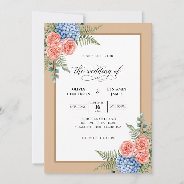 Invitation Mariage aux Hydrangeas et Fougères Terracotta (Devant)