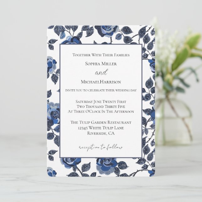 Invitation Mariage aux Jardins Floraux Bleus (Debout devant)