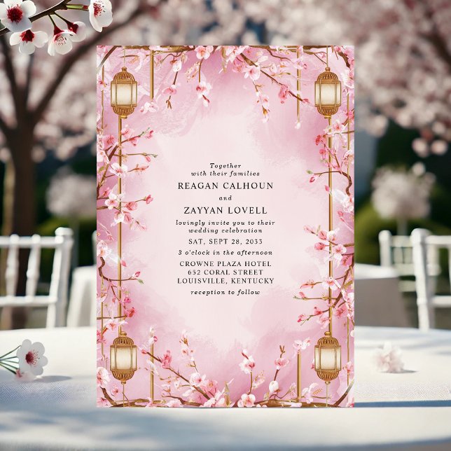 Invitation Mariage aux Lanternes Fleurs de Cerisier Roses (Créateur téléchargé)