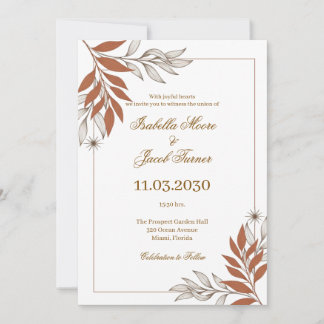 Invitation Mariage aux lignes botaniques délicates couleur or