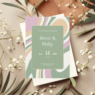 Invitation Mariage aux lignes rose, vert et crème