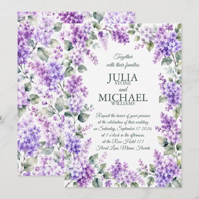 Invitation Mariage aux lilas (Devant / Derrière)