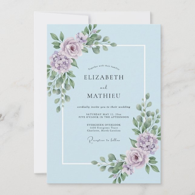 Invitation Mariage aux Lilas Feuillus Bleu Ciel (Devant)