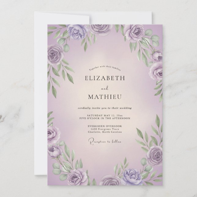Invitation Mariage aux Lilas Lavande Feuillus (Devant)