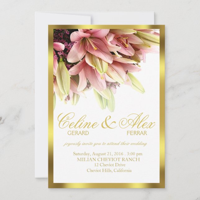 Invitation Mariage aux lys calla roses dans une étreinte flor (Devant)