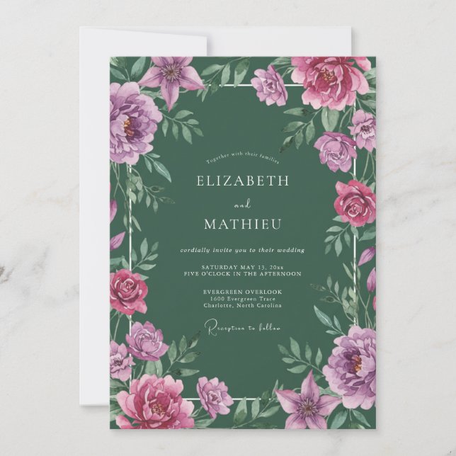 Invitation Mariage aux Lys Magenta de la Forêt (Devant)
