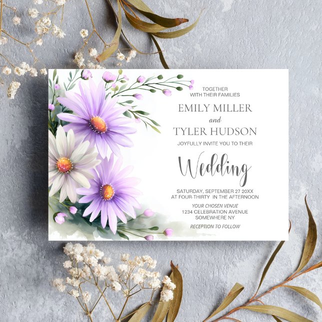 Invitation Mariage aux Marguerites Violettes et Blanches (Créateur téléchargé)