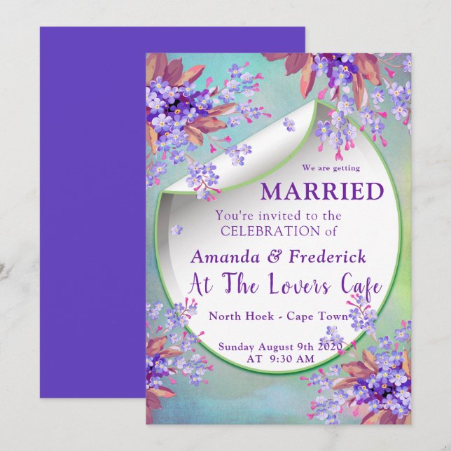 Invitation Mariage aux Myosotis Violet Lilas (Devant / Derrière)