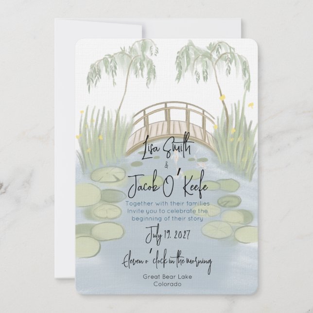 Invitation Mariage aux nénuphars illustrés peints à la main (Devant)