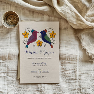 Invitation Mariage aux Oiseaux Floraux Mexicains Magenta Bleu