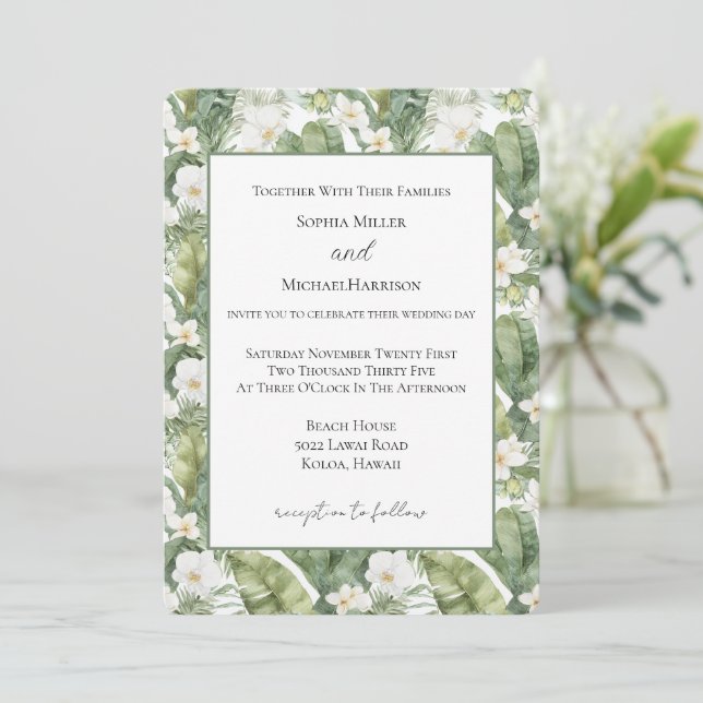 Invitation Mariage aux Orchidées Blanches et Feuilles Vertes  (Debout devant)