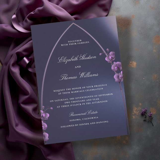 Invitation Mariage aux Orchidées Violettes sous une Arche Got (gothic arch wedding invitation purple blue navy orchids minimalist modern classic elegant moody dark)