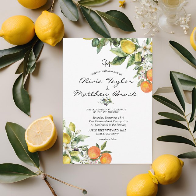Invitation Mariage aux pêches et olives de citron jaune médit (Créateur téléchargé)