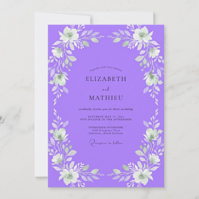 Invitation Mariage aux Pétales Blanches Violettes (Devant)