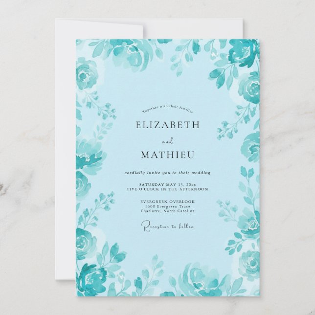 Invitation Mariage aux Pétales Cyan (Devant)