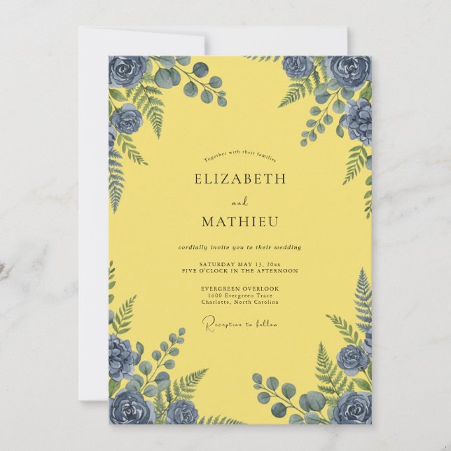 Invitation Mariage aux Pétales d'Ardoise Citron (Devant)