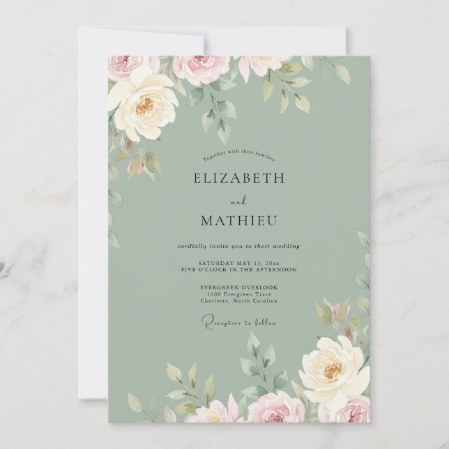 Invitation Mariage aux Pétales de Céladon Atténué (Devant)