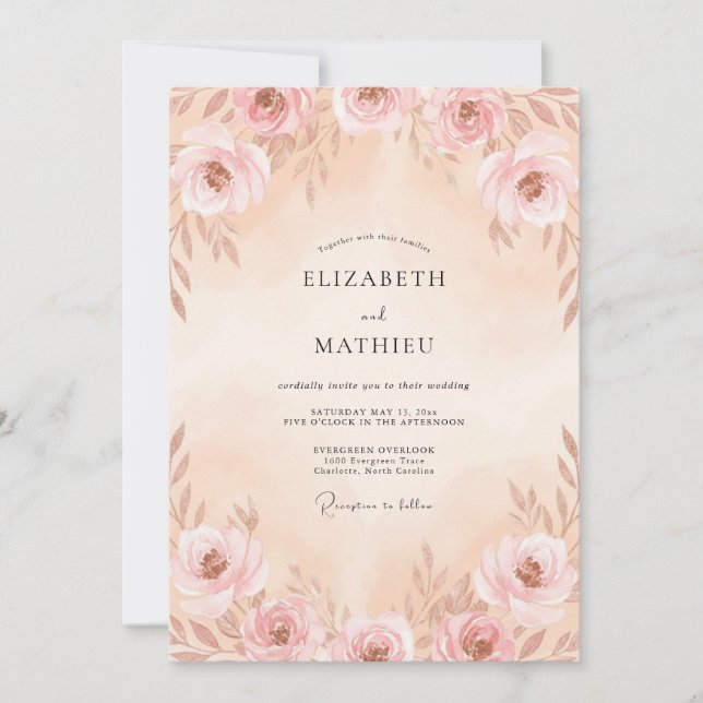 Invitation Mariage aux Pétales de Champagne Pêche (Devant)