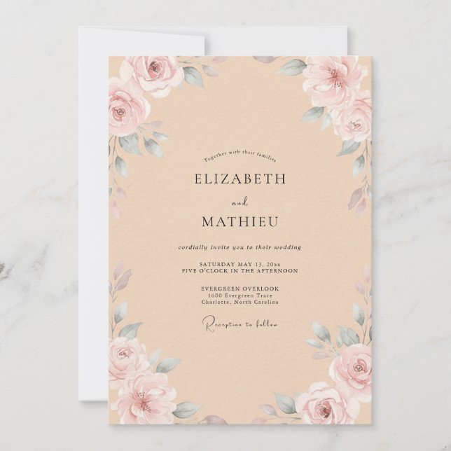 Invitation Mariage aux Pétales de Champagne Rose (Devant)