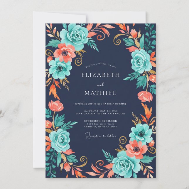 Invitation Mariage aux Pétales de Corail Cyan (Devant)