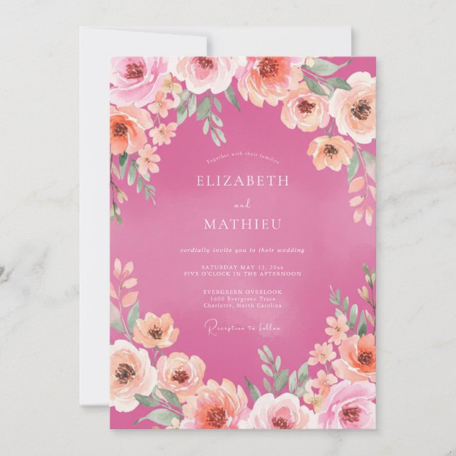 Invitation Mariage aux Pétales de Corail Magenta (Devant)