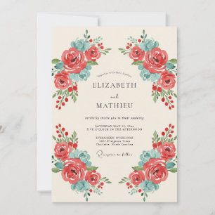 Invitation Mariage aux Pétales de Corail Poussiéreux et Aqua