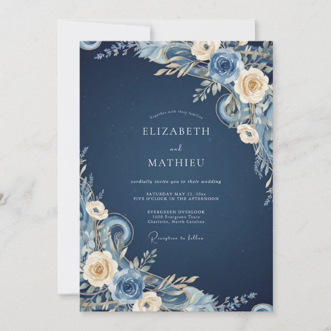 Invitation Mariage aux Pétales de Crème de Minuit (Devant)
